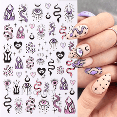 Evil Eye Snake Heart Nail Art Stickers 3D Self Adhesive Flame Animal Nail Decals