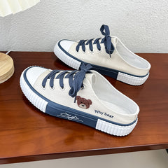 Women's Flat Mule Little Bear Lace Up Slip On Canvas Shoes