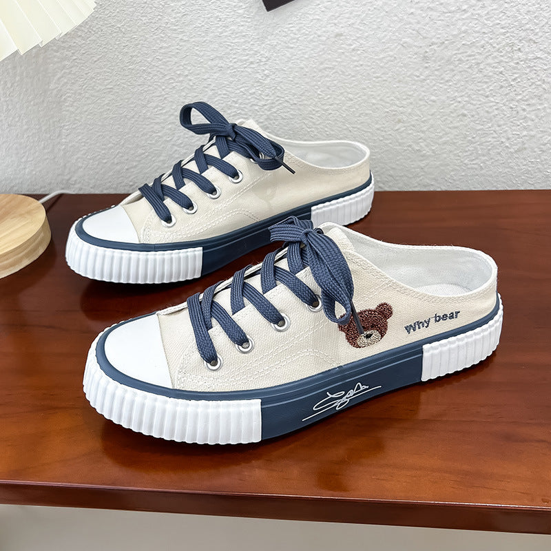 Women's Flat Mule Little Bear Lace Up Slip On Canvas Shoes