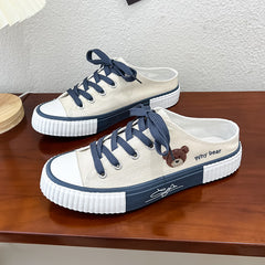 Women's Flat Mule Little Bear Lace Up Slip On Canvas Shoes