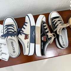 Women's Flat Mule Little Bear Lace Up Slip On Canvas Shoes