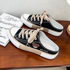 Women's Flat Mule Little Bear Lace Up Slip On Canvas Shoes