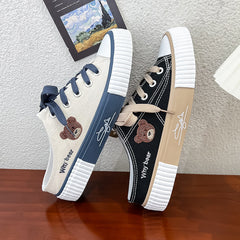 Women's Flat Mule Little Bear Lace Up Slip On Canvas Shoes