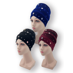 Velvet Flower Decor Turban Cap Head Wrap Solid Bandana Chemo Hats For Women