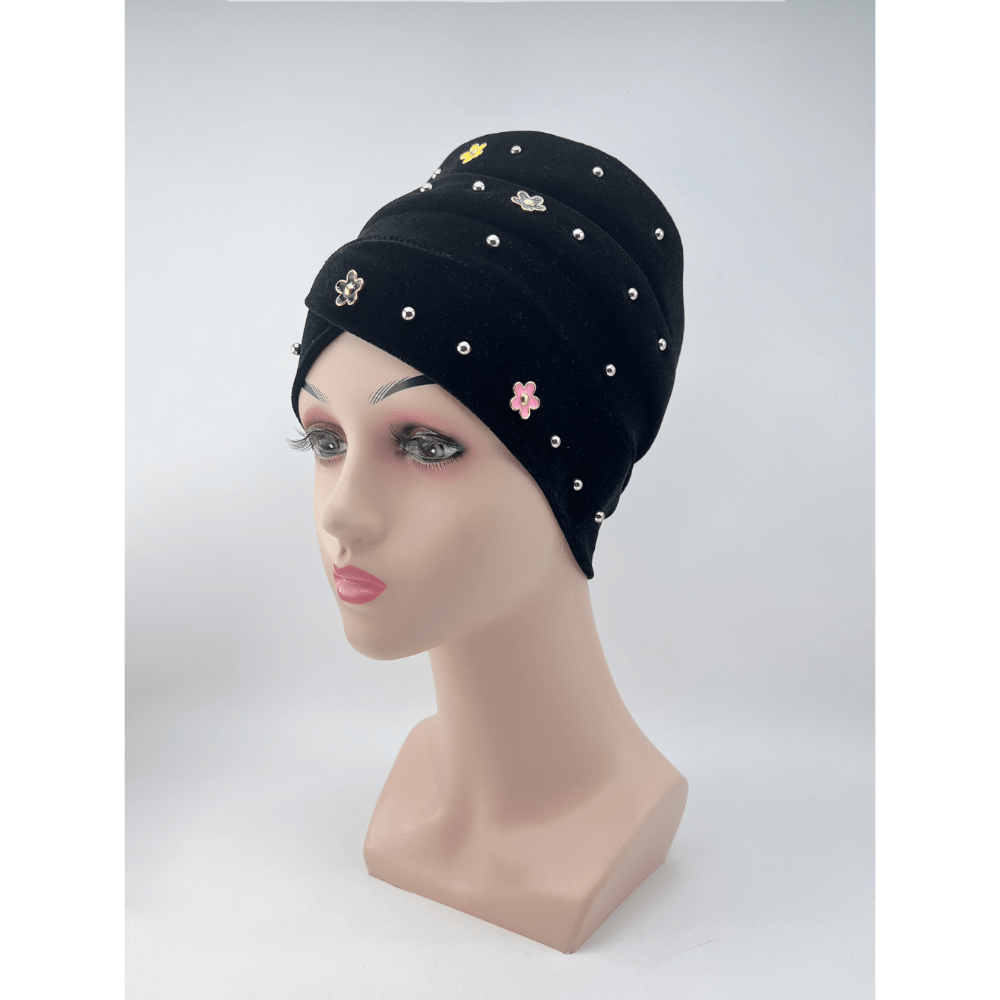 Velvet Flower Decor Turban Cap Head Wrap Solid Bandana Chemo Hats For Women