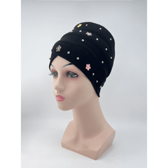 Velvet Flower Decor Turban Cap Head Wrap Solid Bandana Chemo Hats For Women