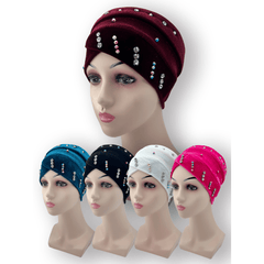 Velvet Turban Cap Rhinestone Elastic Head Wrap Bandana Women Chemo Hats