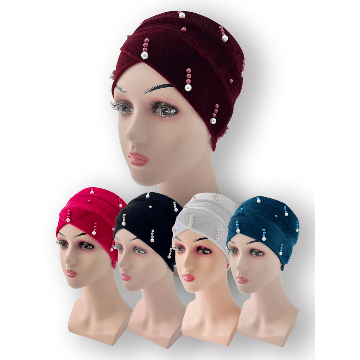 Striped Decor Turban Cap Pearl Velvet Head Wrap Bandana Chemo Hats