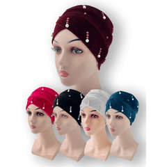 Striped Decor Turban Cap Pearl Velvet Head Wrap Bandana Chemo Hats