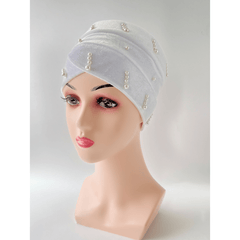 Striped Decor Turban Cap Pearl Velvet Head Wrap Bandana Chemo Hats