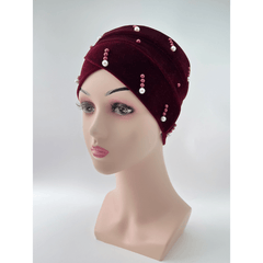 Striped Decor Turban Cap Pearl Velvet Head Wrap Bandana Chemo Hats