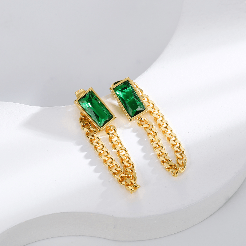 Copper Plated Square Green Crystal Tassel Earrings