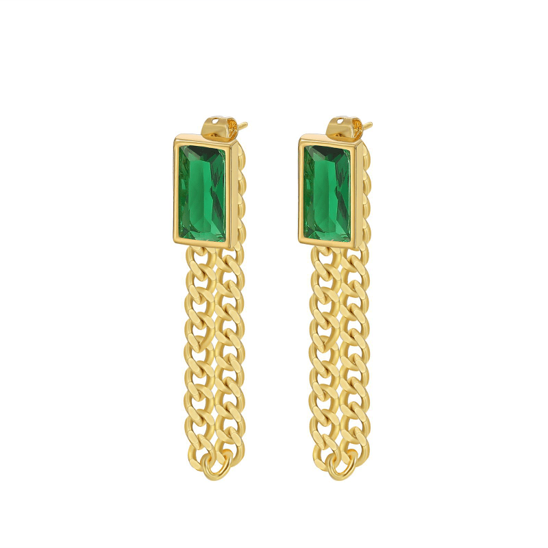 Copper Plated Square Green Crystal Tassel Earrings