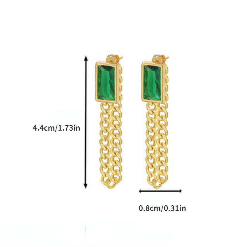 Copper Plated Square Green Crystal Tassel Earrings