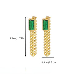 Copper Plated Square Green Crystal Tassel Earrings