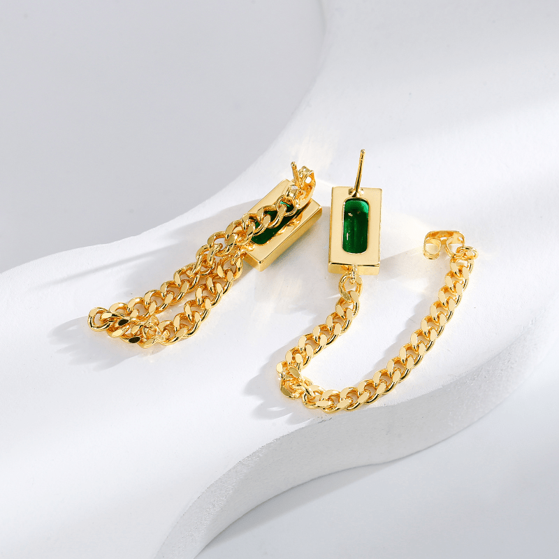 Copper Plated Square Green Crystal Tassel Earrings