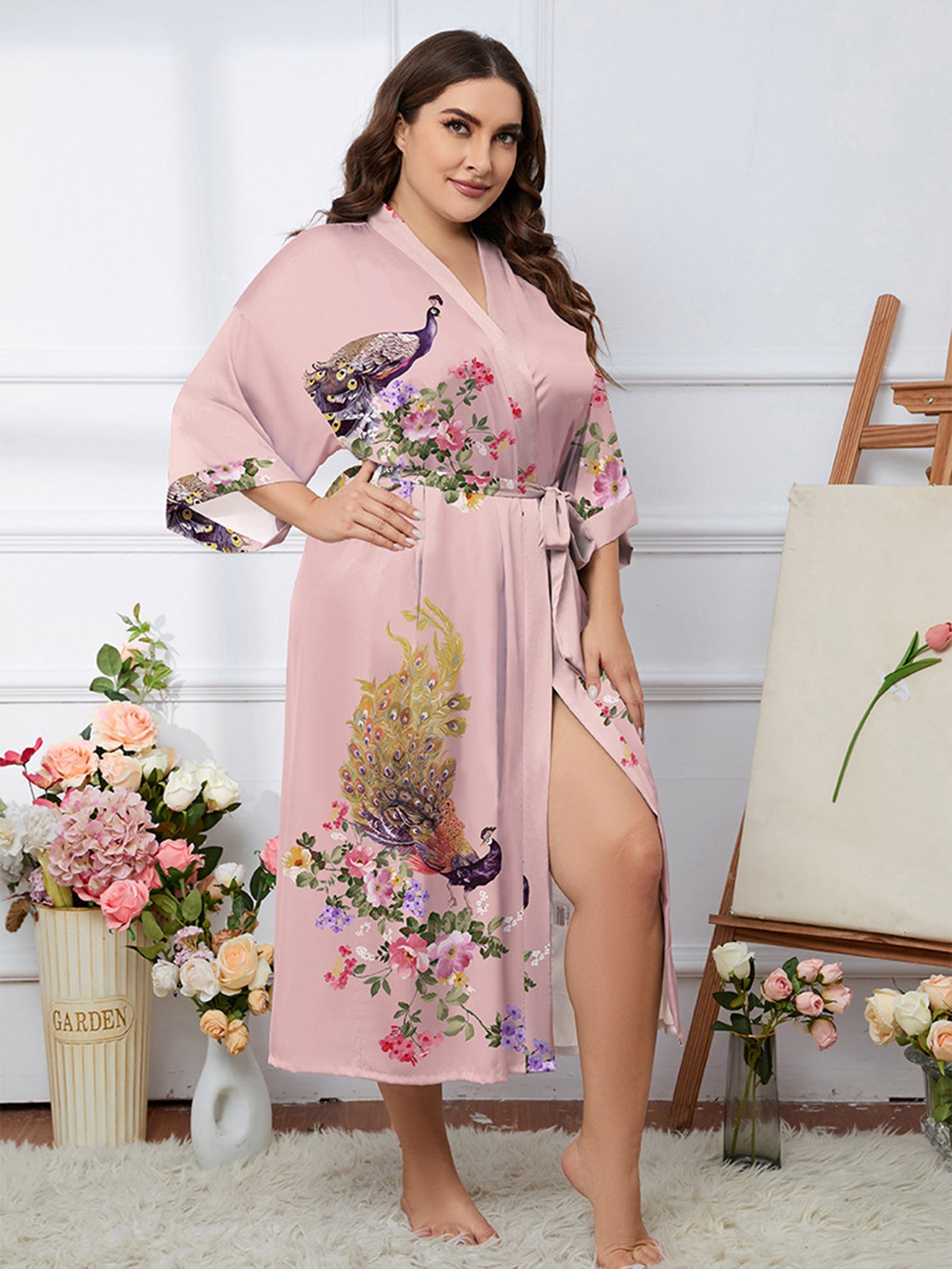 Satin Floral & Peacock Print Robe