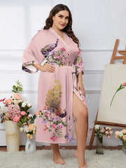 Satin Floral & Peacock Print Robe