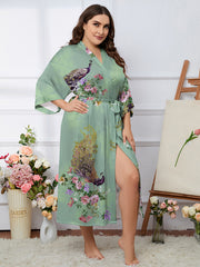 Satin Floral & Peacock Print Robe