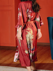 Satin Floral & Peacock Print Robe