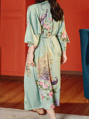 Satin Floral & Peacock Print Robe