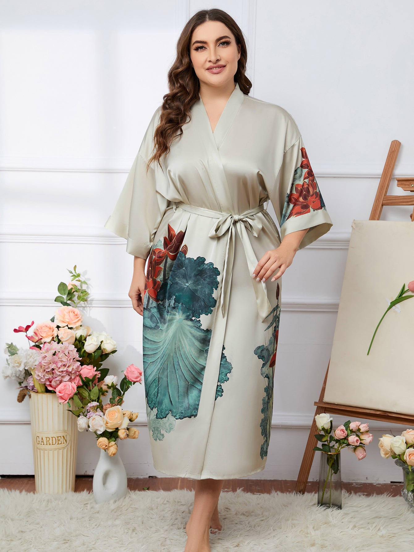 Women's Lotus Print Satin Nightgown with Belted Robe