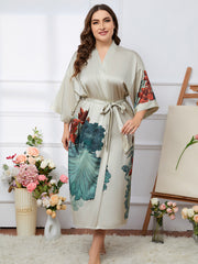 Women's Lotus Print Satin Nightgown with Belted Robe