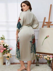 Women's Lotus Print Satin Nightgown with Belted Robe