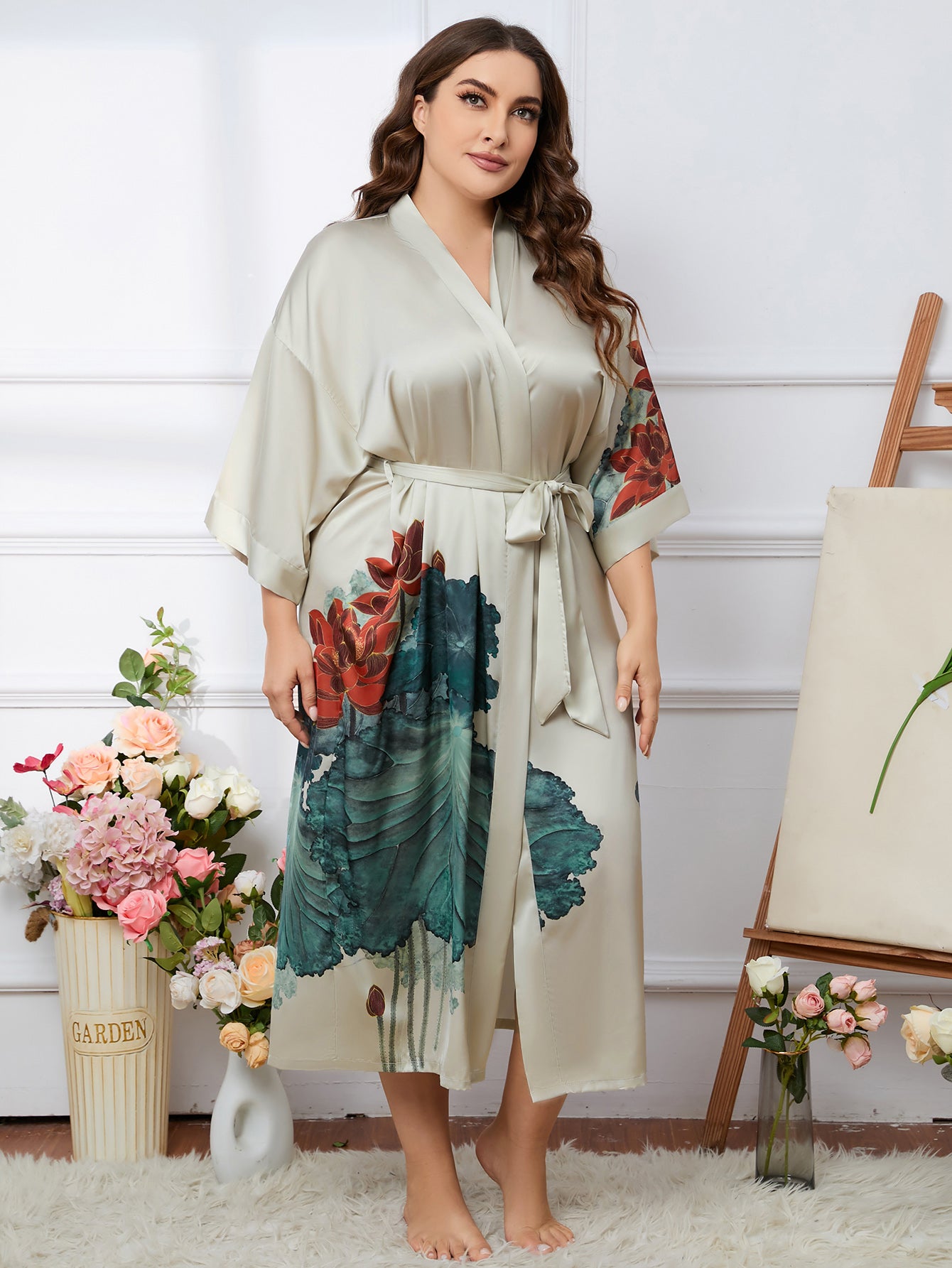 Women's Lotus Print Satin Nightgown with Belted Robe