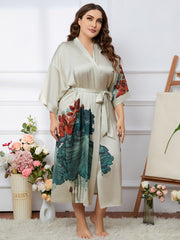 Women's Lotus Print Satin Nightgown with Belted Robe