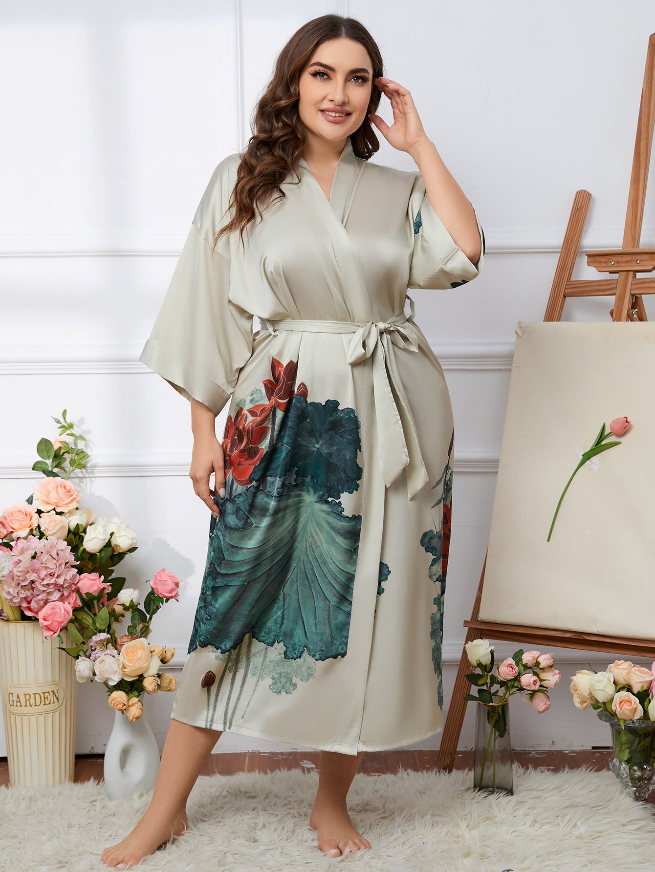 Women's Lotus Print Satin Nightgown with Belted Robe