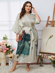 Women's Lotus Print Satin Nightgown with Belted Robe