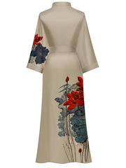 Women's Lotus Print Satin Nightgown with Belted Robe