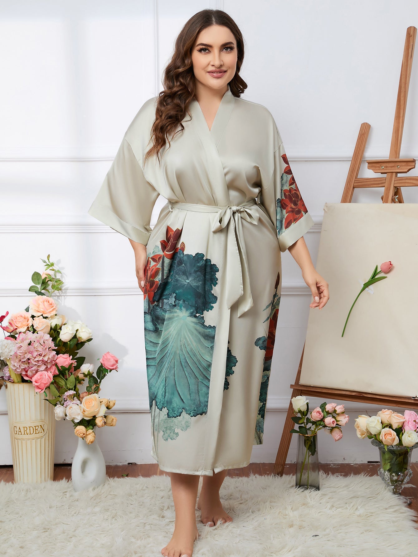 Women's Lotus Print Satin Nightgown with Belted Robe