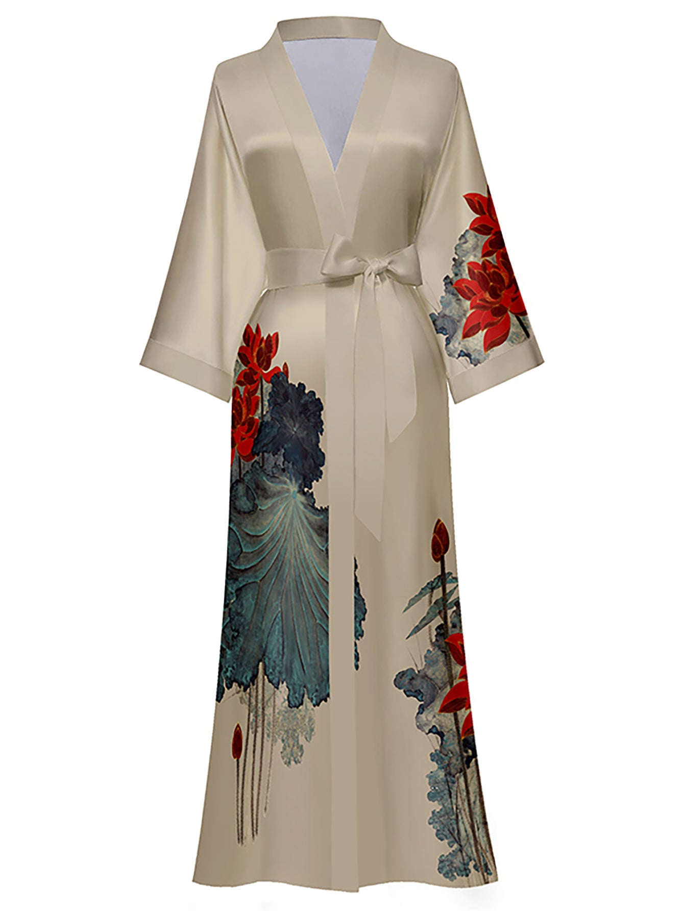 Women's Lotus Print Satin Nightgown with Belted Robe
