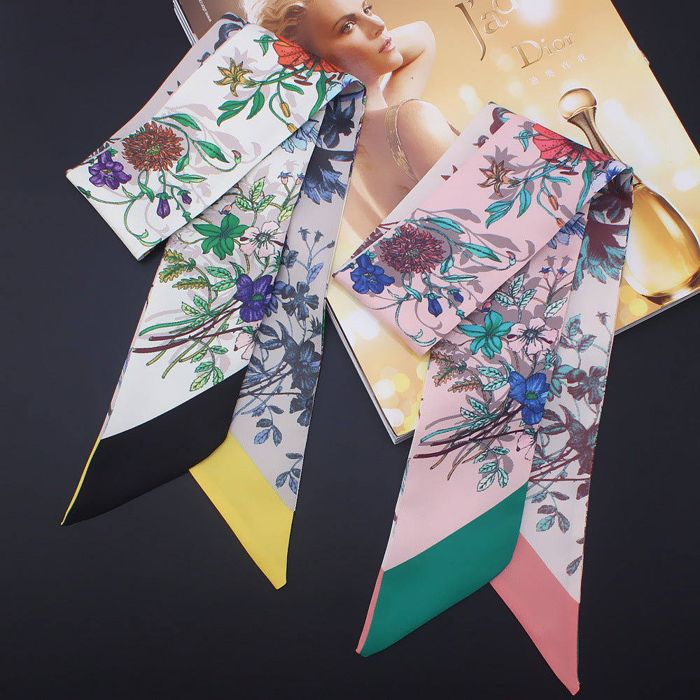 Floral Print Skinny Scarf Long Necktie Satin Hair Ribbon for Women