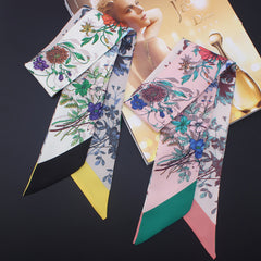 Floral Print Skinny Scarf Long Necktie Satin Hair Ribbon for Women