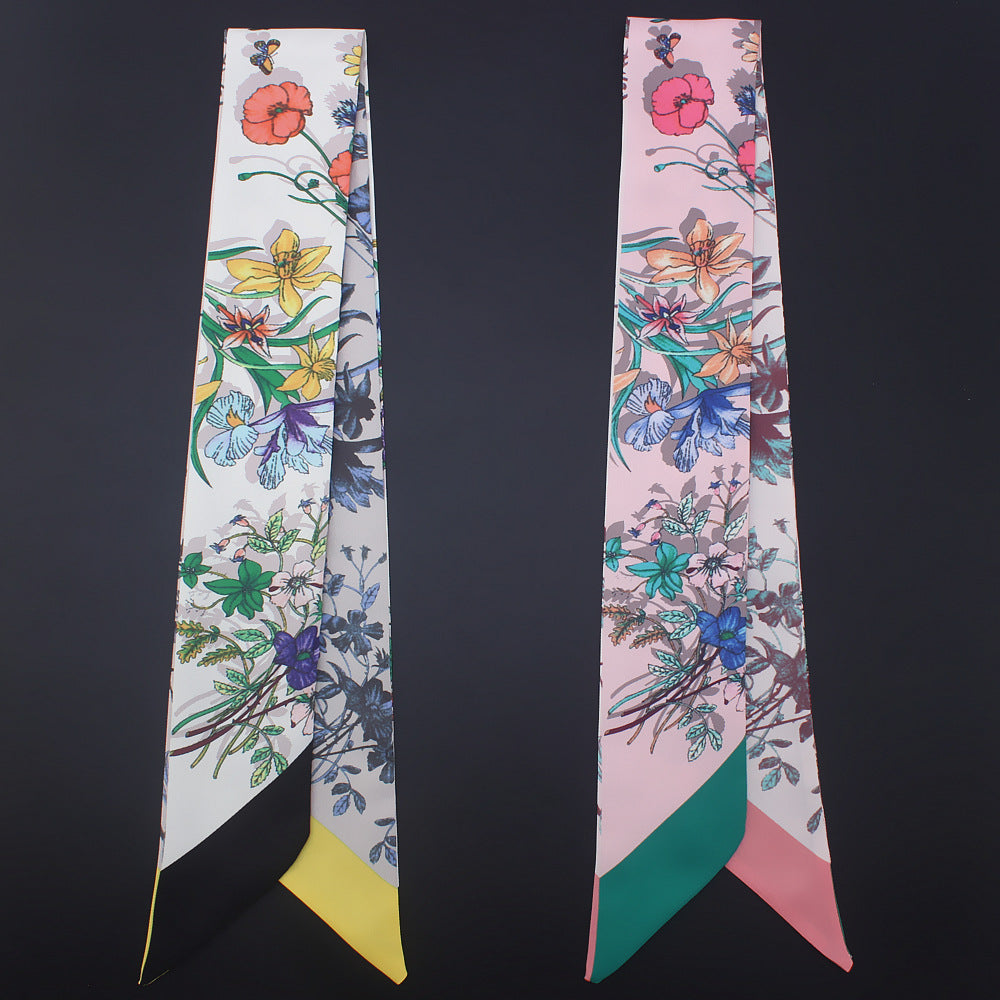 Floral Print Skinny Scarf Long Necktie Satin Hair Ribbon for Women