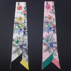 Floral Print Skinny Scarf Long Necktie Satin Hair Ribbon for Women