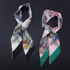 Floral Print Skinny Scarf Long Necktie Satin Hair Ribbon for Women