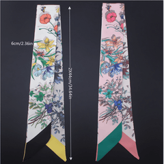 Floral Print Skinny Scarf Long Necktie Satin Hair Ribbon for Women