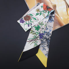Floral Print Skinny Scarf Long Necktie Satin Hair Ribbon for Women