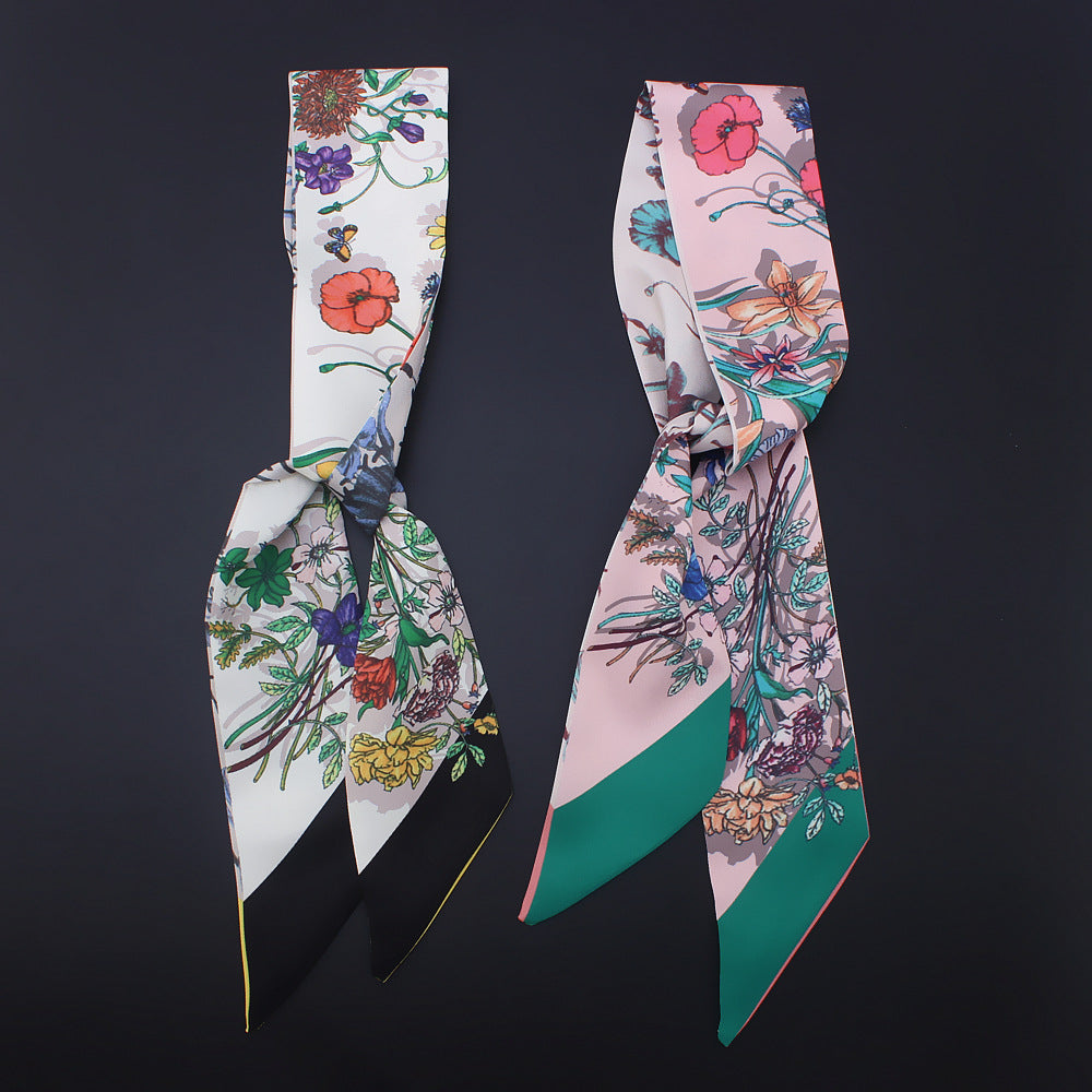 Floral Print Skinny Scarf Long Necktie Satin Hair Ribbon for Women