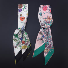 Floral Print Skinny Scarf Long Necktie Satin Hair Ribbon for Women