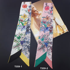 Floral Print Skinny Scarf Long Necktie Satin Hair Ribbon for Women
