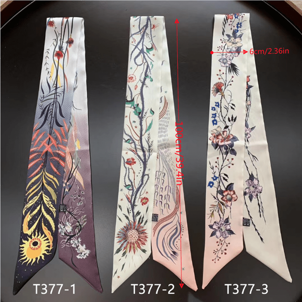 Vintage Flower Leaf Print Skinny Scarf Satin Neckerchief for Women