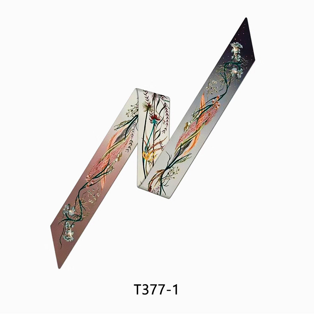 Vintage Flower Leaf Print Skinny Scarf Satin Neckerchief for Women