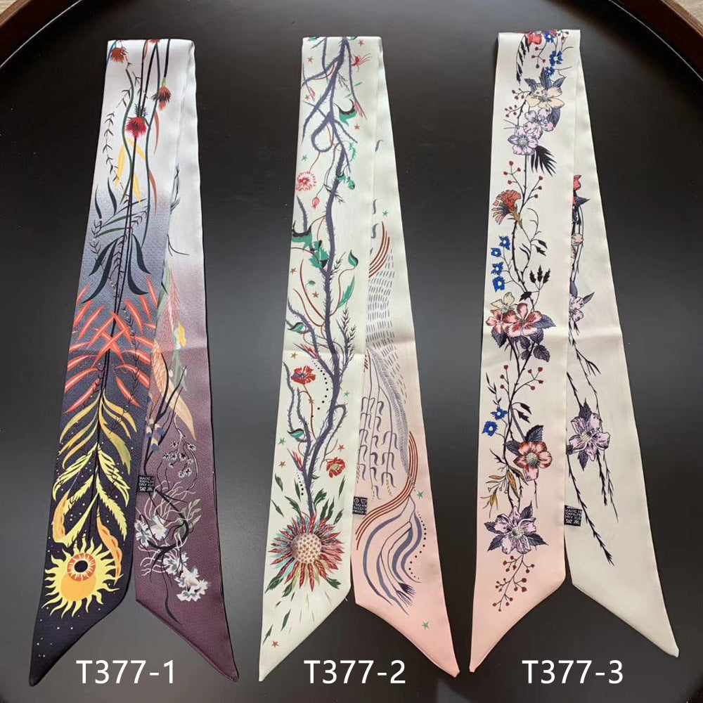 Vintage Flower Leaf Print Skinny Scarf Satin Neckerchief for Women