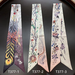 Vintage Flower Leaf Print Skinny Scarf Satin Neckerchief for Women