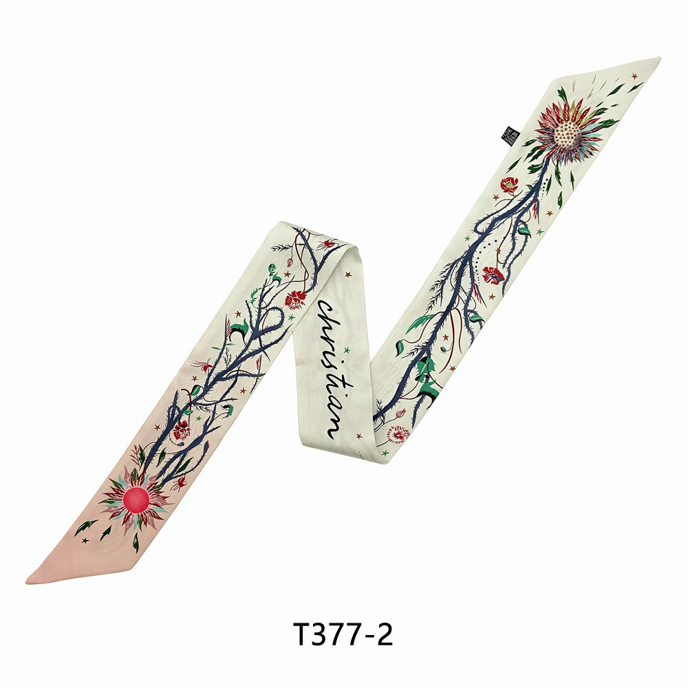 Vintage Flower Leaf Print Skinny Scarf Satin Neckerchief for Women